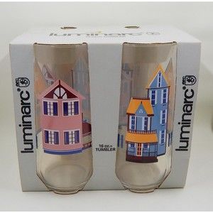 Luminarc Victorian Homes Cooler Glass Tumbler 16 oz Set of 4 NOS Durand Glass Co